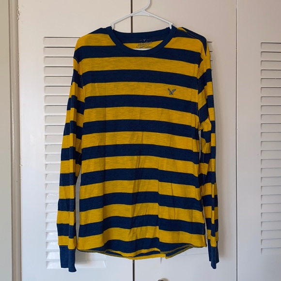 AMERICAN EAGLE BLUE AND YELLOW STRIPED THERMAL LONG SLEEVE SHIRT